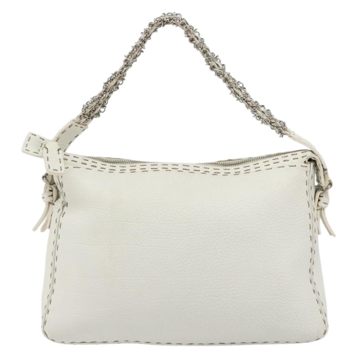 FENDI Celeria Chain Shoulder Bag Leather White Silver Auth ka4444A