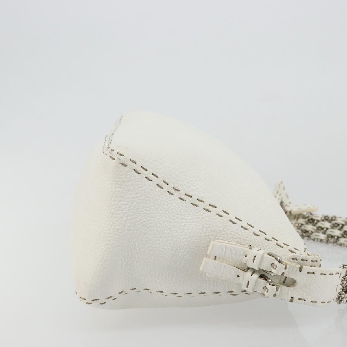 FENDI Celeria Chain Shoulder Bag Leather White Silver Auth ka4444A