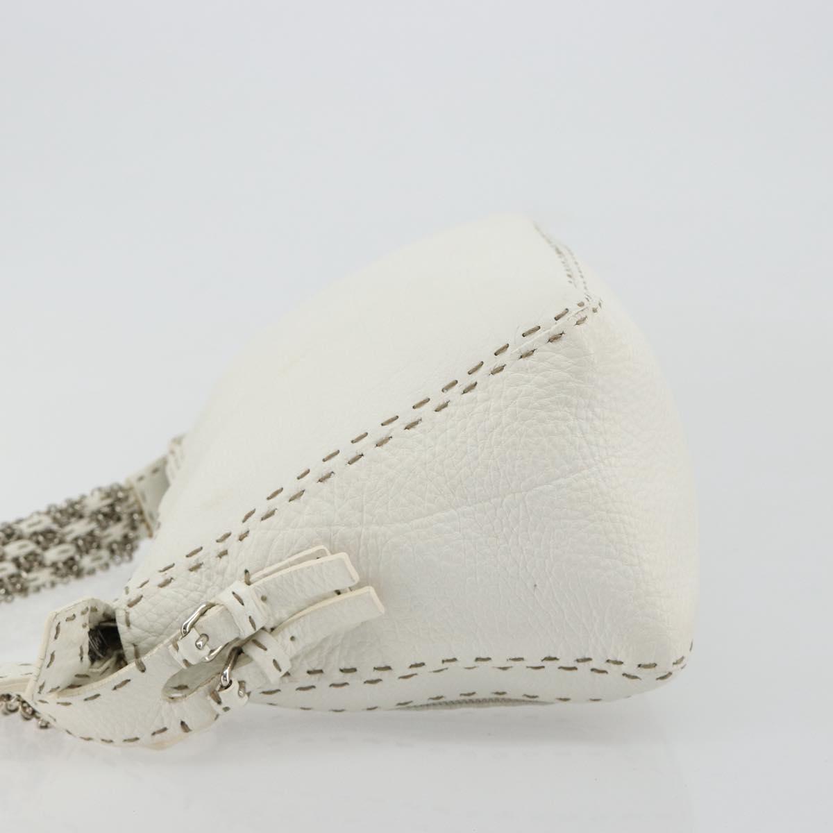 FENDI Celeria Chain Shoulder Bag Leather White Silver Auth ka4444A