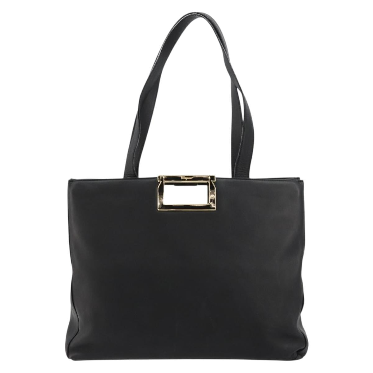 Salvatore Ferragamo Hand Bag Leather Black Gold Auth ka4450A