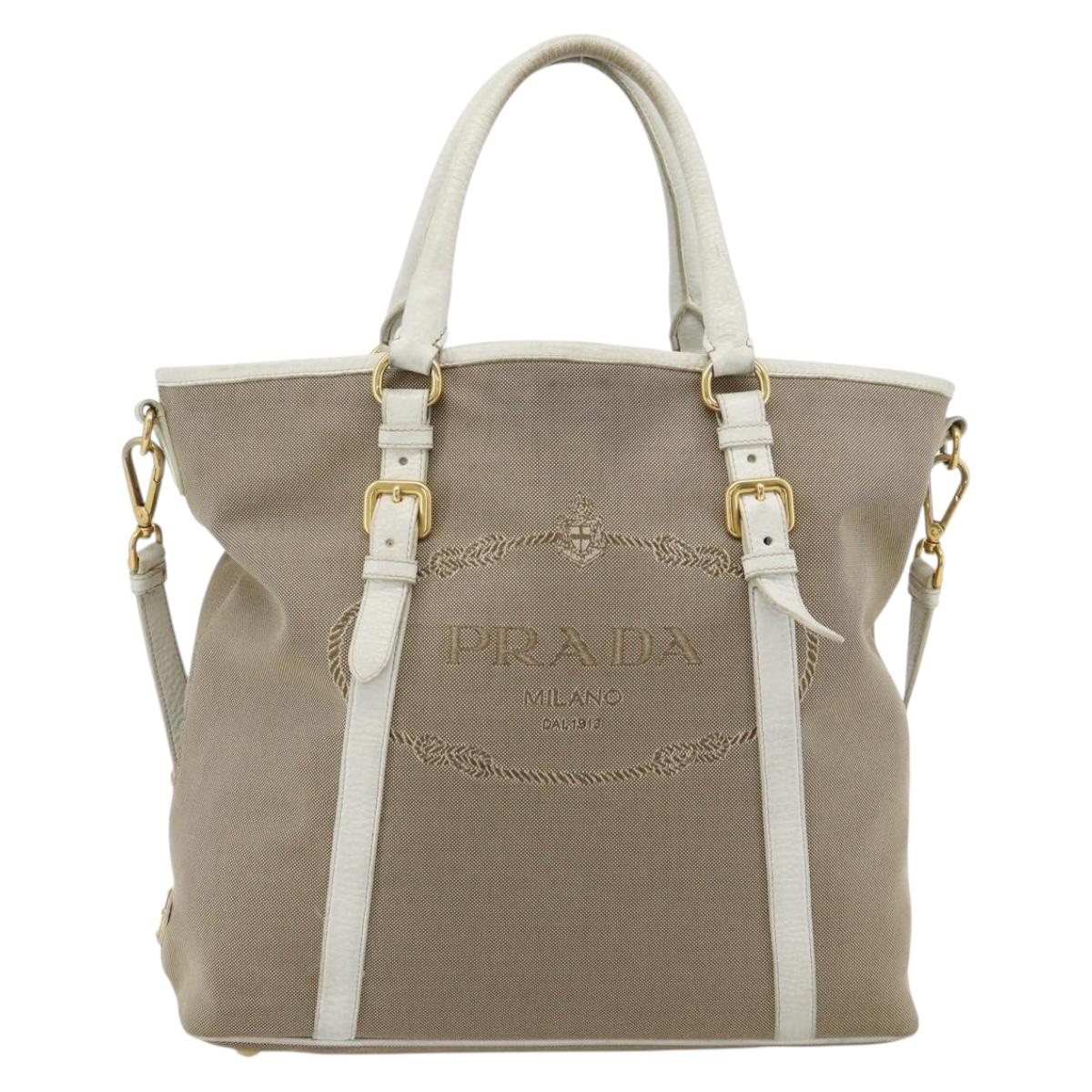 PRADA Hand Bag Canvas Leather 2way Beige Gold Auth ka4461A