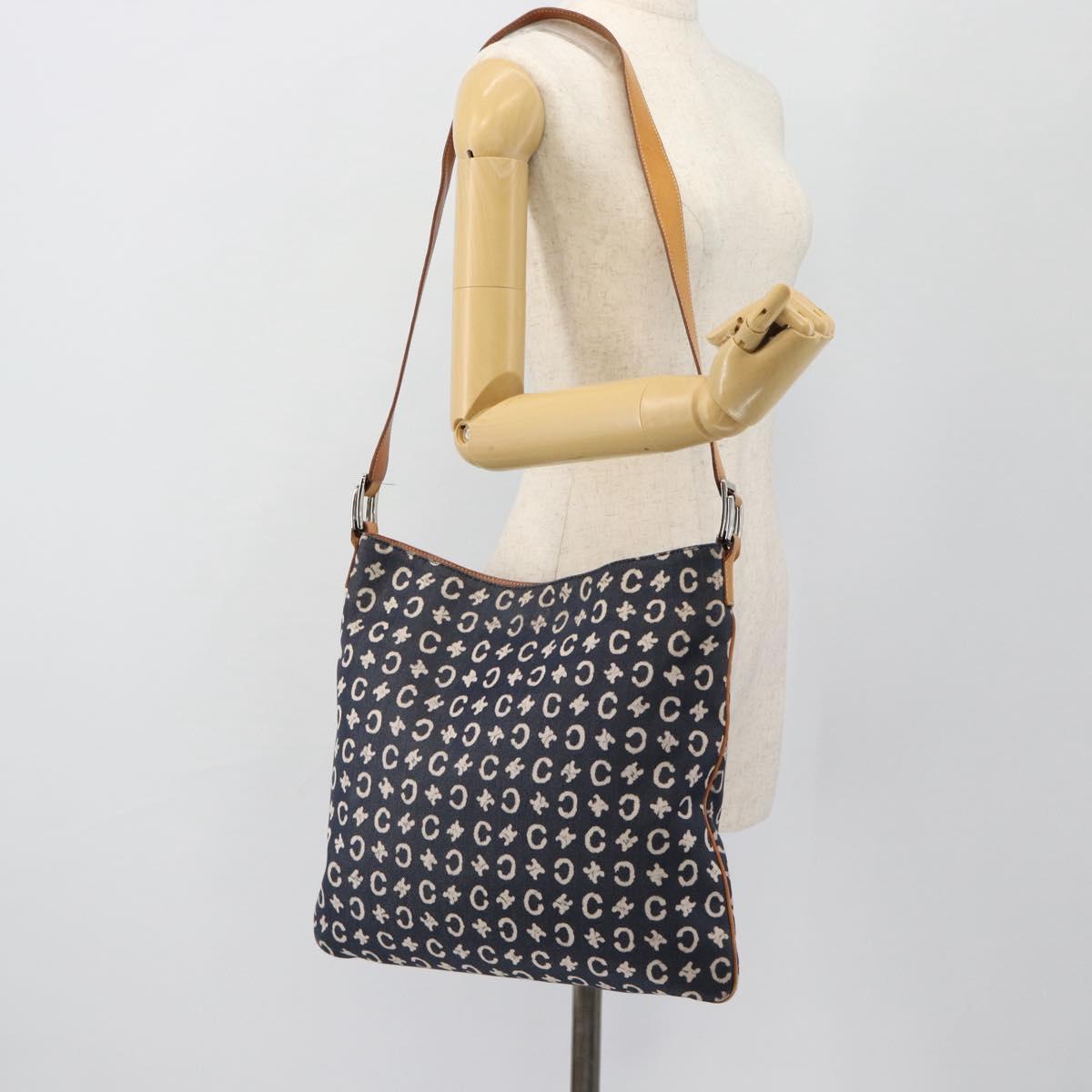 CELINE C Sulky Shoulder Bag Canvas Blue Silver Auth ka4462A