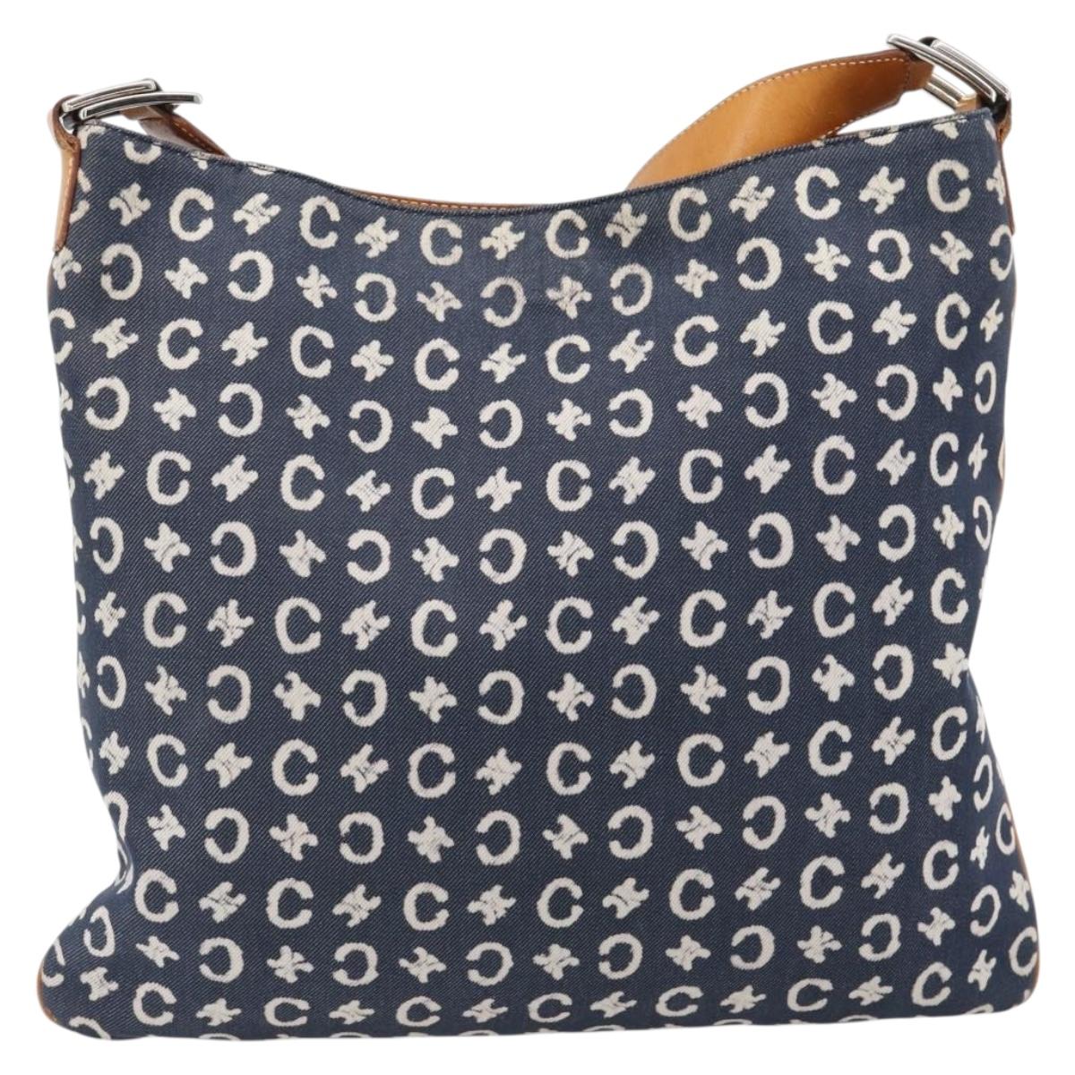CELINE C Sulky Shoulder Bag Canvas Blue Silver Auth ka4462A