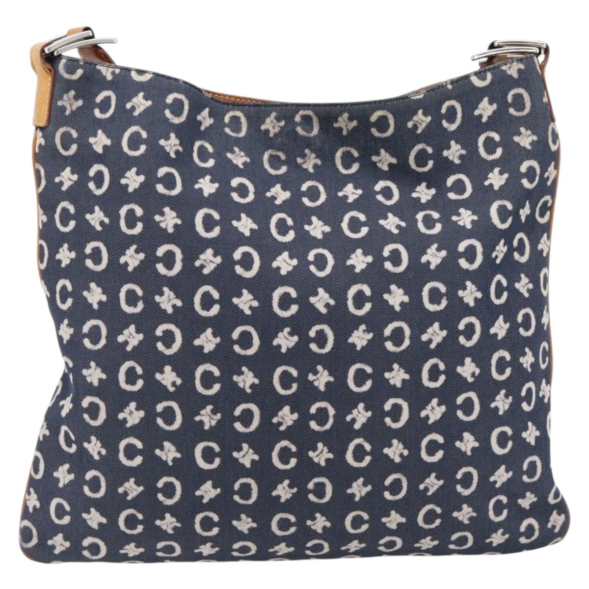 CELINE C Sulky Shoulder Bag Canvas Blue Silver Auth ka4462A