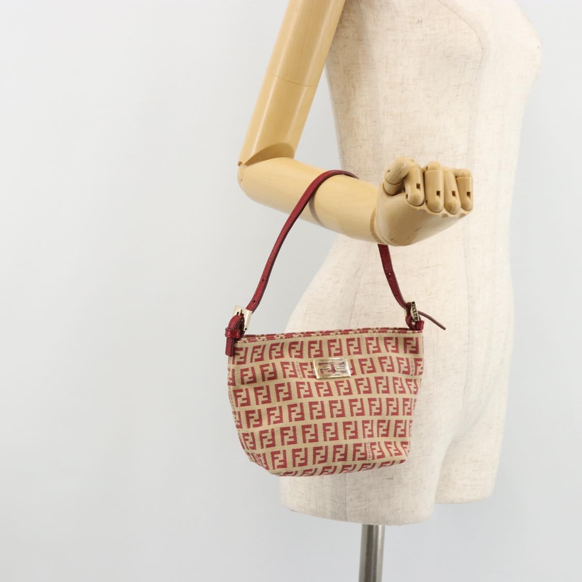 FENDI Zucchino Canvas Hand Bag Red Gold Auth ka4463V