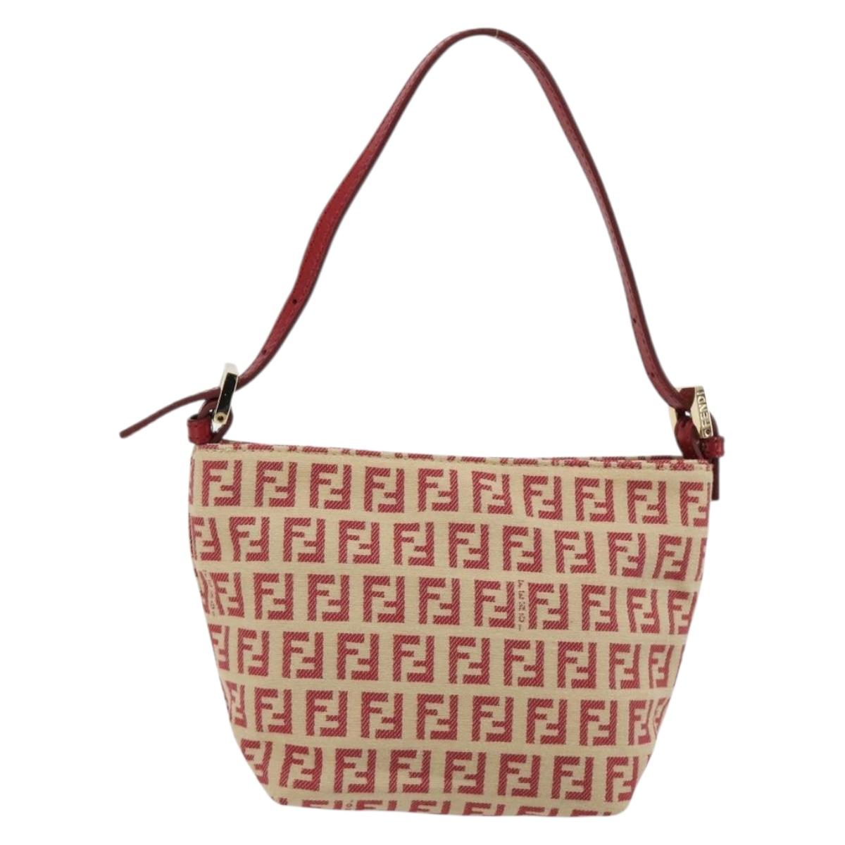 FENDI Zucchino Canvas Hand Bag Red Gold Auth ka4463V