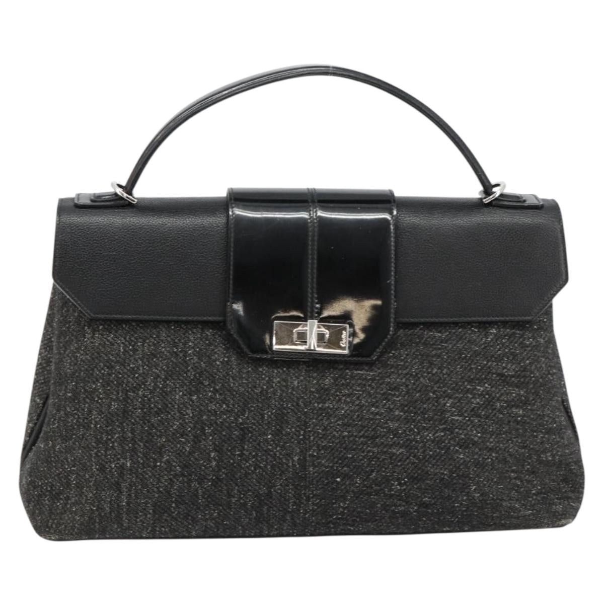 CARTIER Hand Bag Canvas Black Silver Auth ka4465