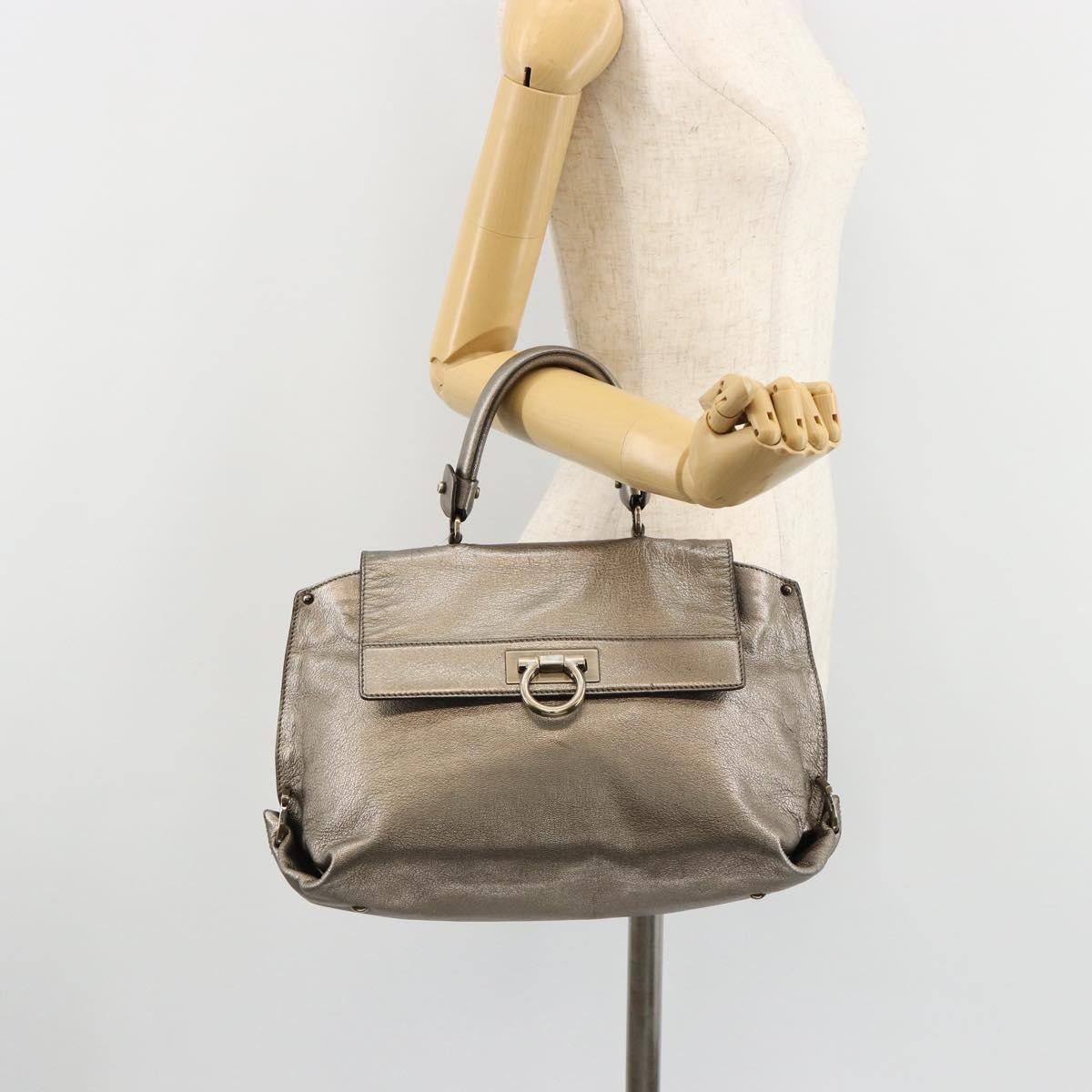 Salvatore Ferragamo Gancini Hand Bag Leather Silver Auth ka4466