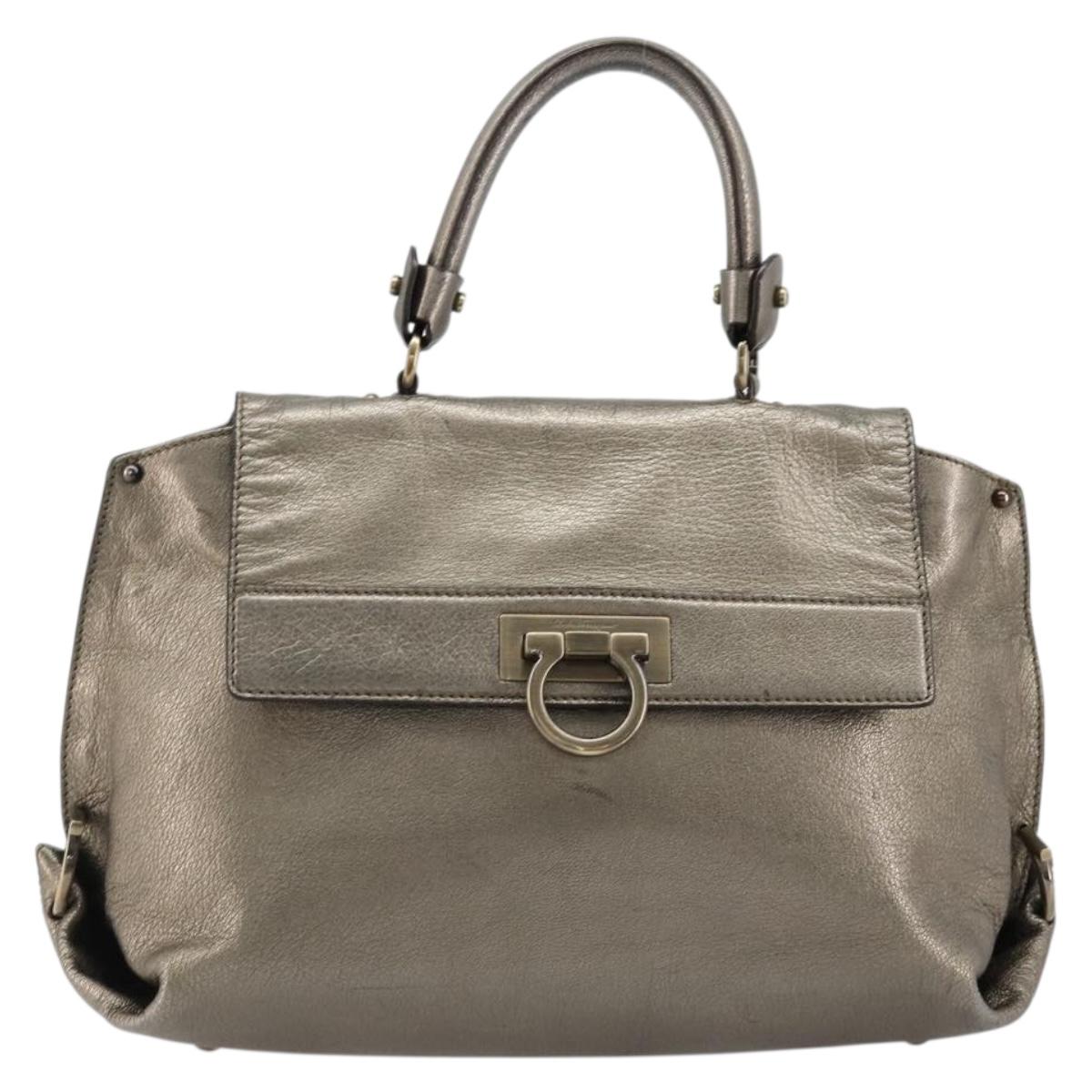 Salvatore Ferragamo Gancini Hand Bag Leather Silver Auth ka4466