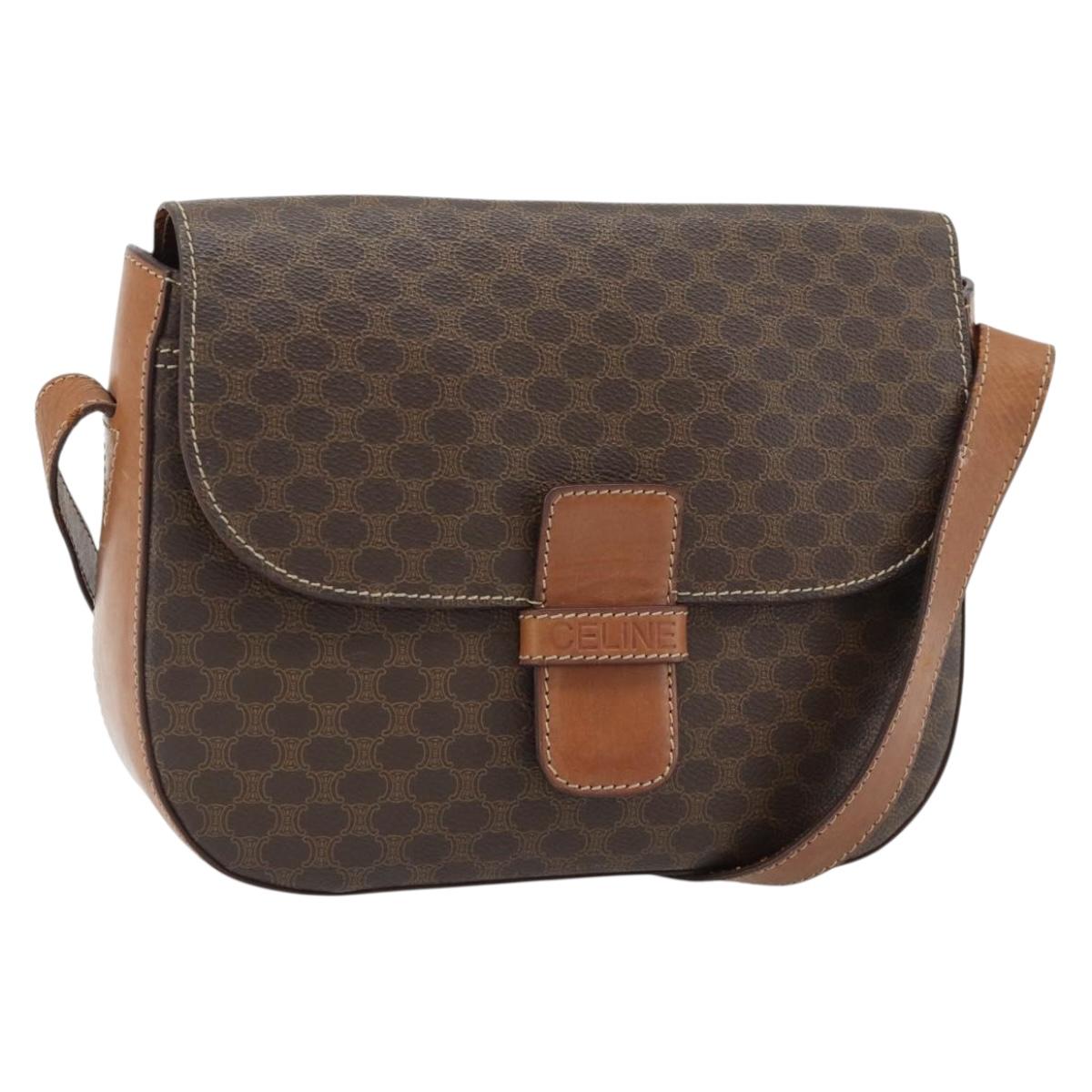CELINE Macadam Canvas Shoulder Bag PVC Leather Brown Gold Auth ka4468