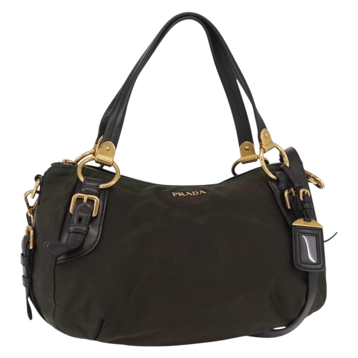 PRADA Hand Bag Nylon 2way Khaki Gold Auth ka447