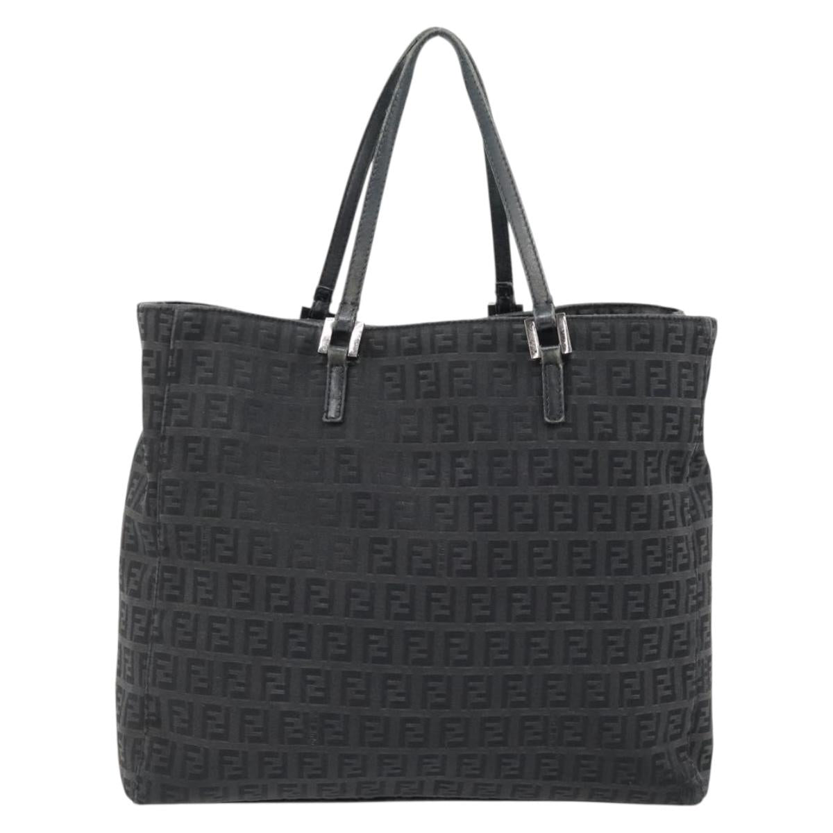 FENDI Zucchino Canvas Hand Bag Black Silver Auth ka4472
