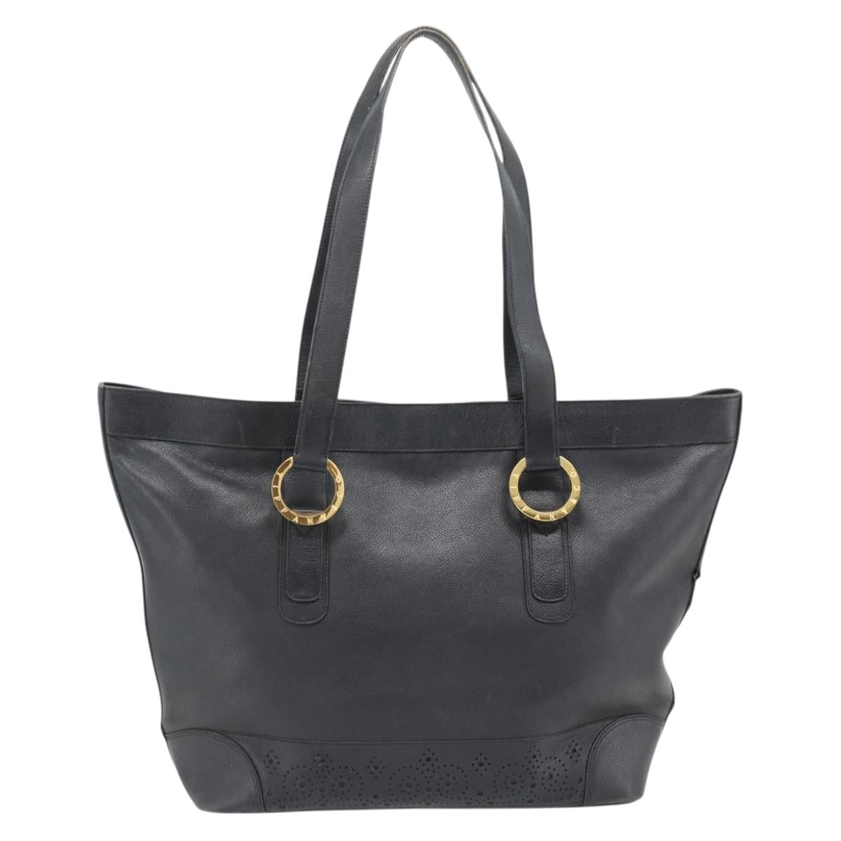 TIFFANY&Co. Tote Bag Leather Black Gold Auth ka4487