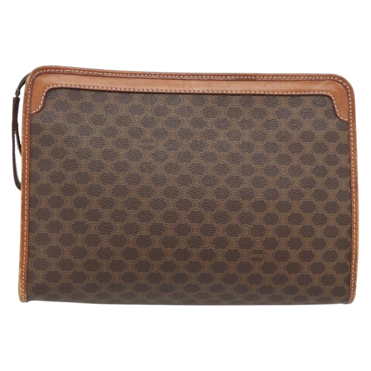 CELINE Macadam Canvas Clutch Bag PVC Leather Brown Gold Auth ka4489