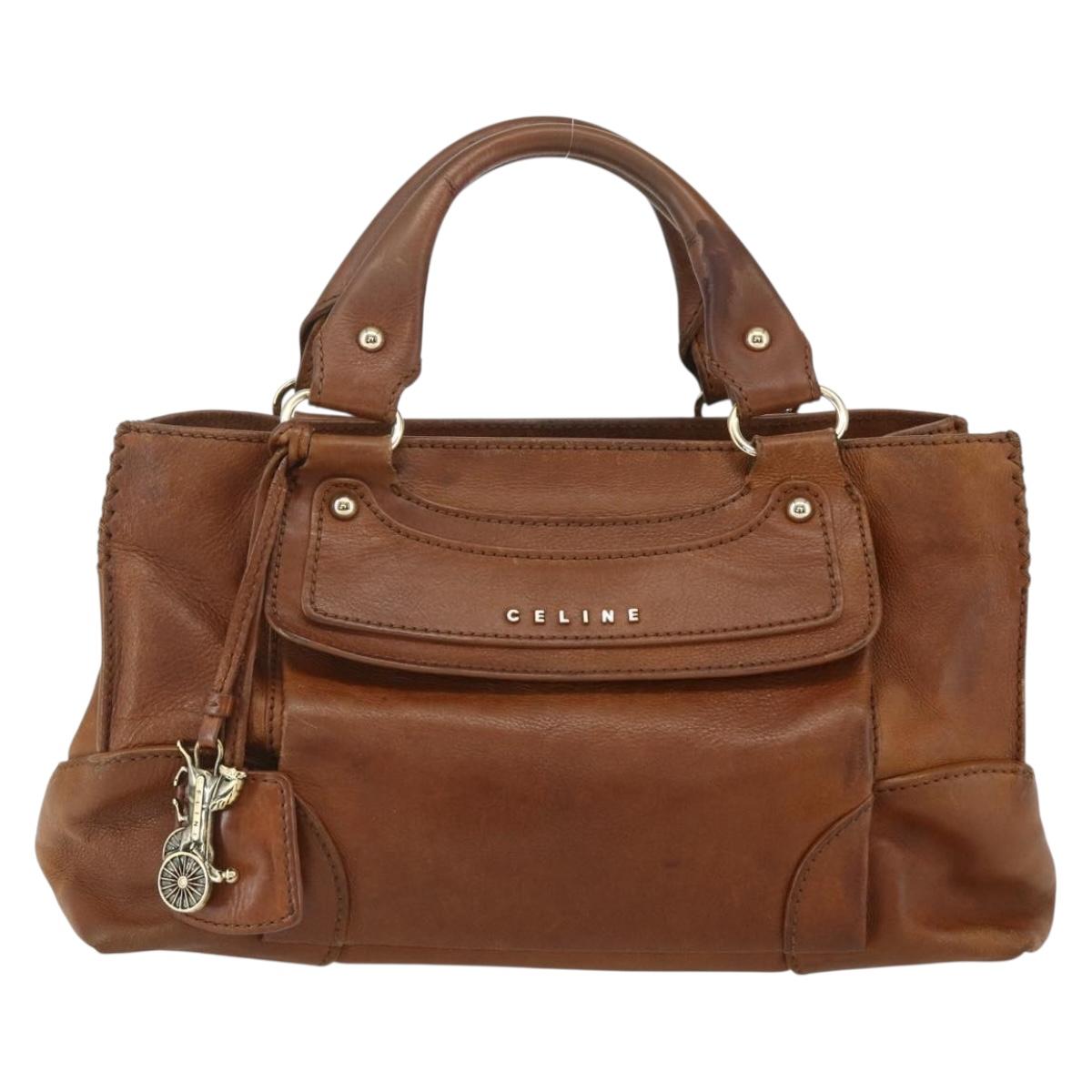 CELINE Hand Bag Leather Brown Gold Auth ka449