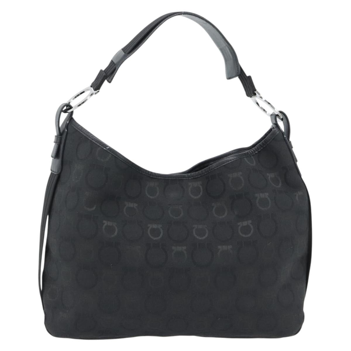 Salvatore Ferragamo Gancini Shoulder Bag Canvas Black Silver Auth ka4493A