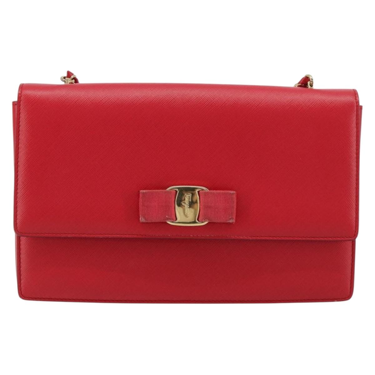 Salvatore Ferragamo Vala Chain Shoulder Bag Leather Red Gold Auth ka4496