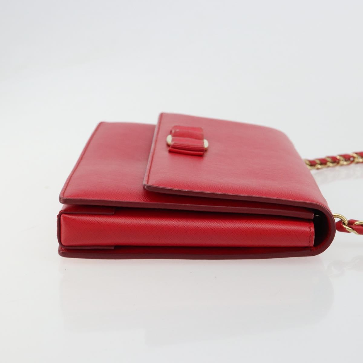 Salvatore Ferragamo Vala Chain Shoulder Bag Leather Red Gold Auth ka4496