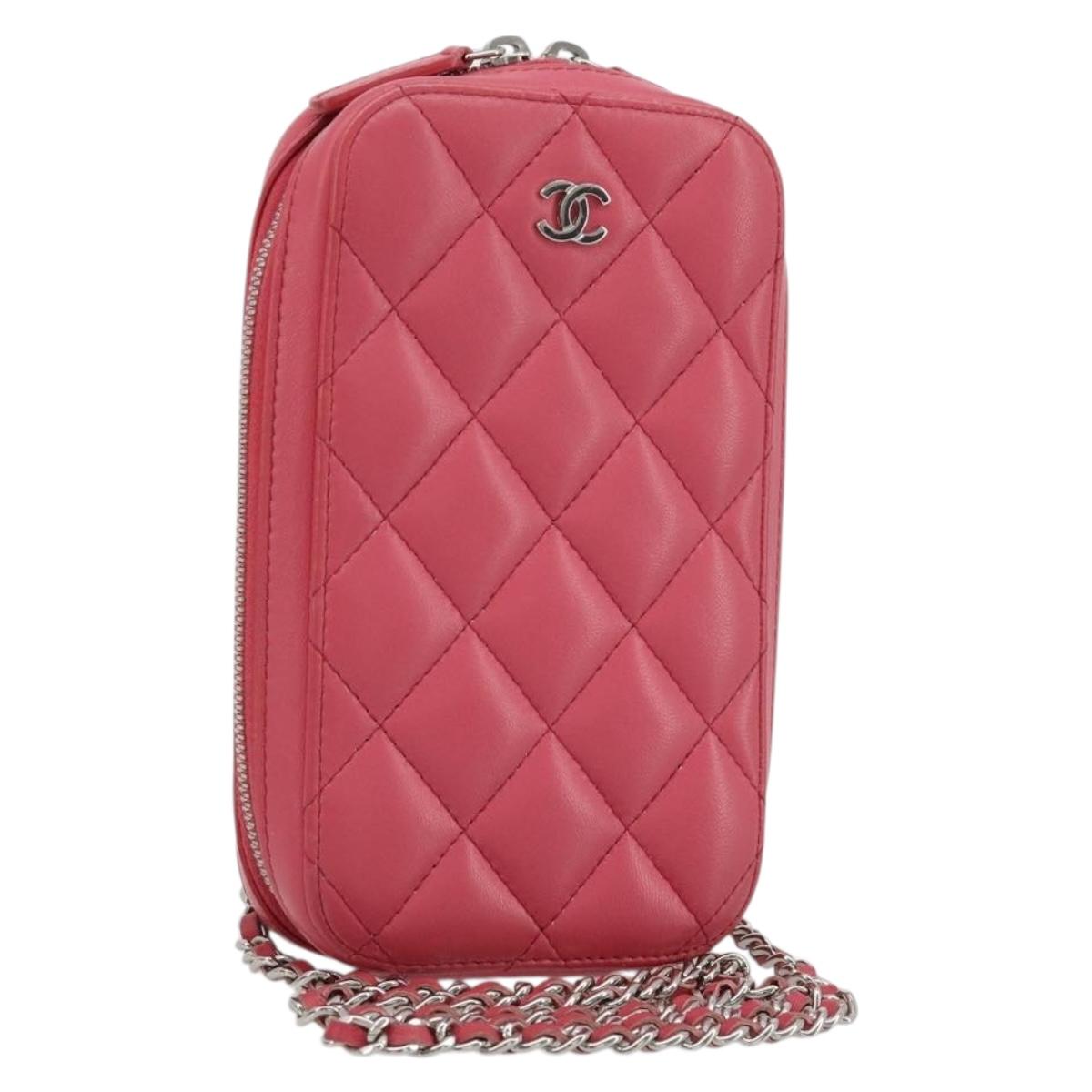 CHANEL Phone Pouch Lamb Skin Pink Silver CC Auth ka4502M