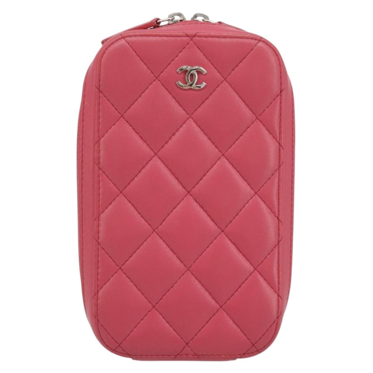 CHANEL Phone Pouch Lamb Skin Pink Silver CC Auth ka4502M