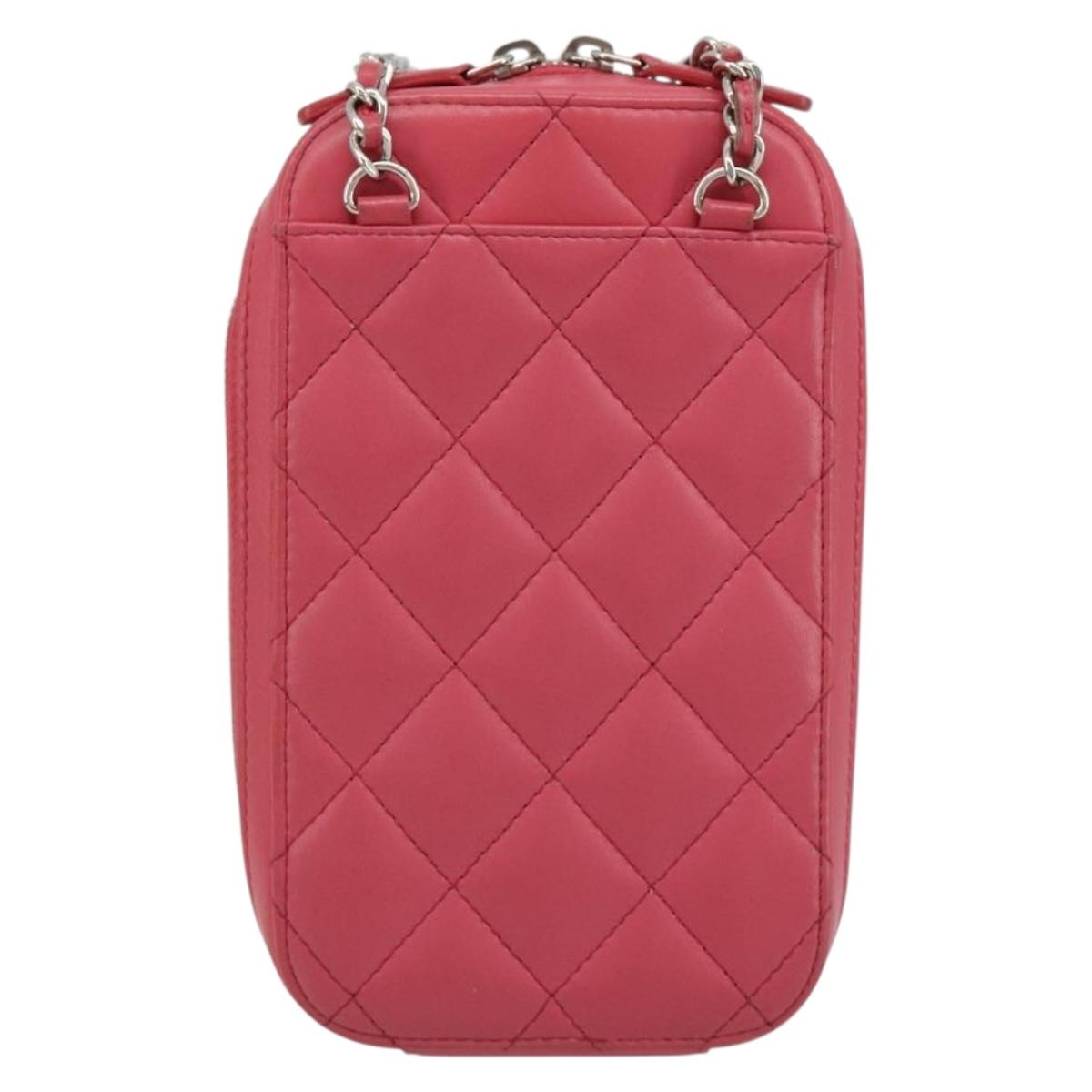 CHANEL Phone Pouch Lamb Skin Pink Silver CC Auth ka4502M