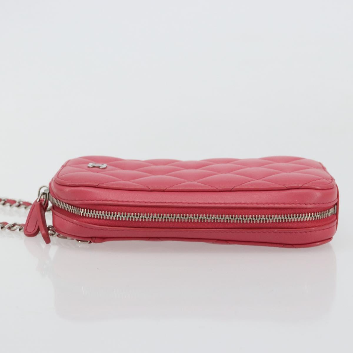 CHANEL Phone Pouch Lamb Skin Pink Silver CC Auth ka4502M