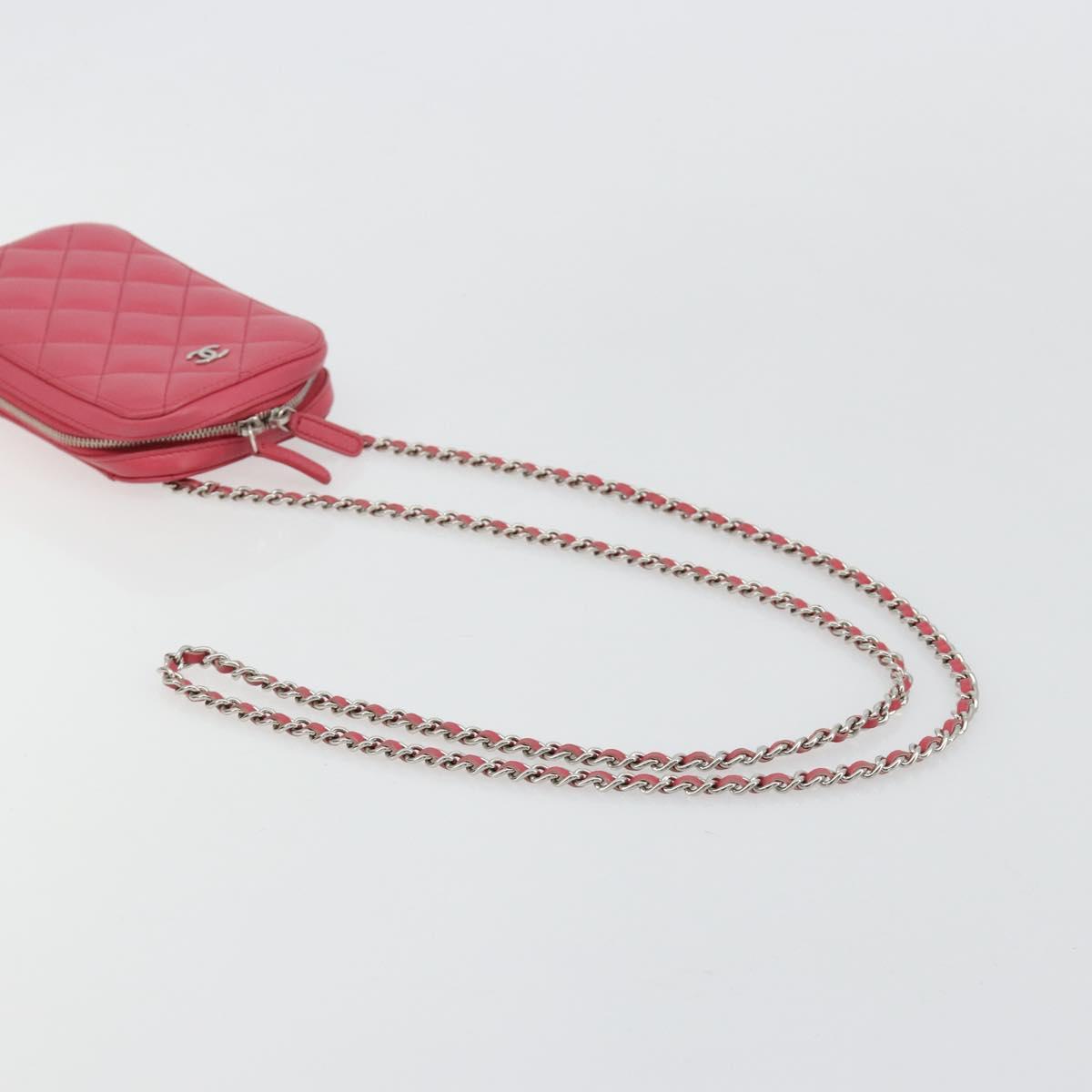 CHANEL Phone Pouch Lamb Skin Pink Silver CC Auth ka4502M