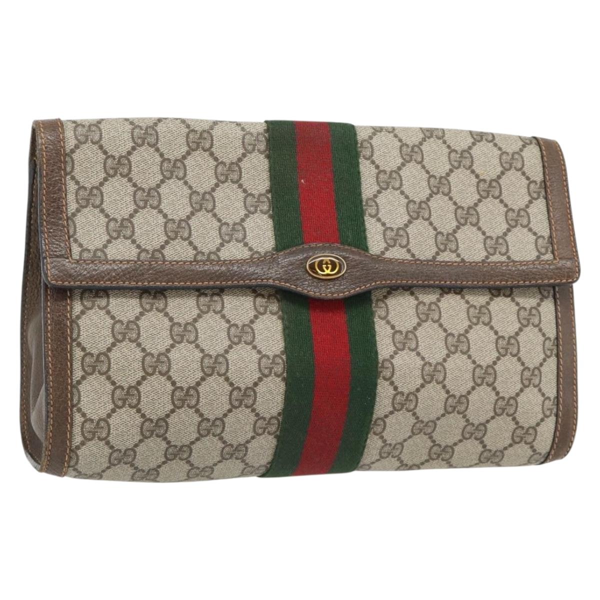 GUCCI GG Supreme Web Sherry Line Clutch Bag Beige Gold 84 01 007 Auth ka4503
