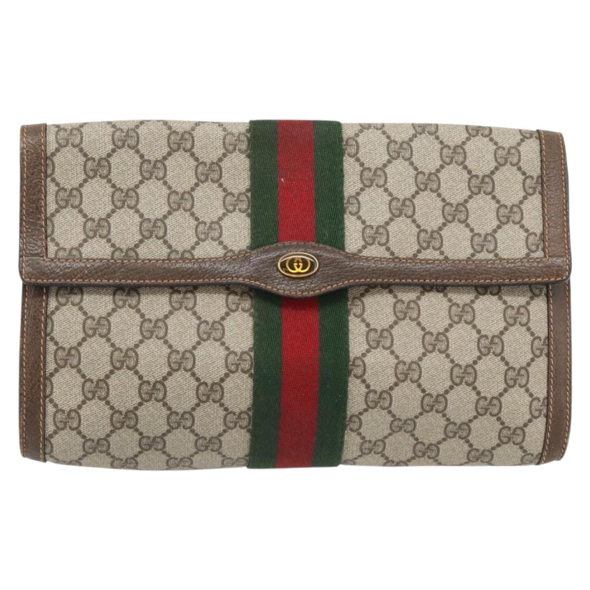 GUCCI GG Supreme Web Sherry Line Clutch Bag Beige Gold 84 01 007 Auth ka4503