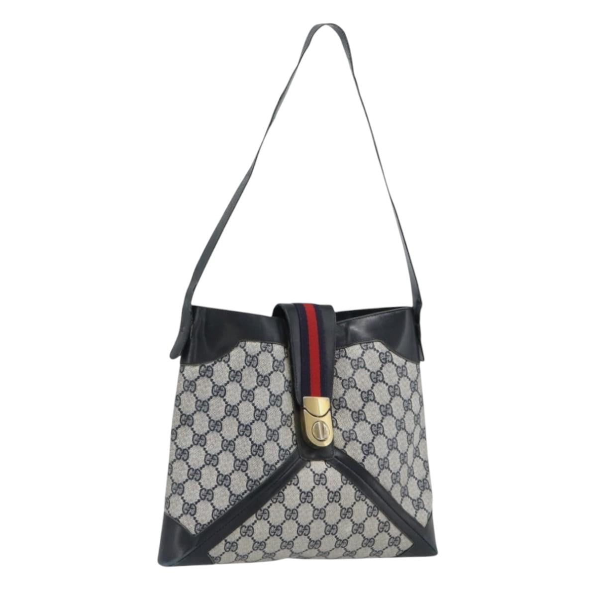 GUCCI GG Supreme Sherry Line Shoulder Bag PVC Navy Gold Auth ka4505