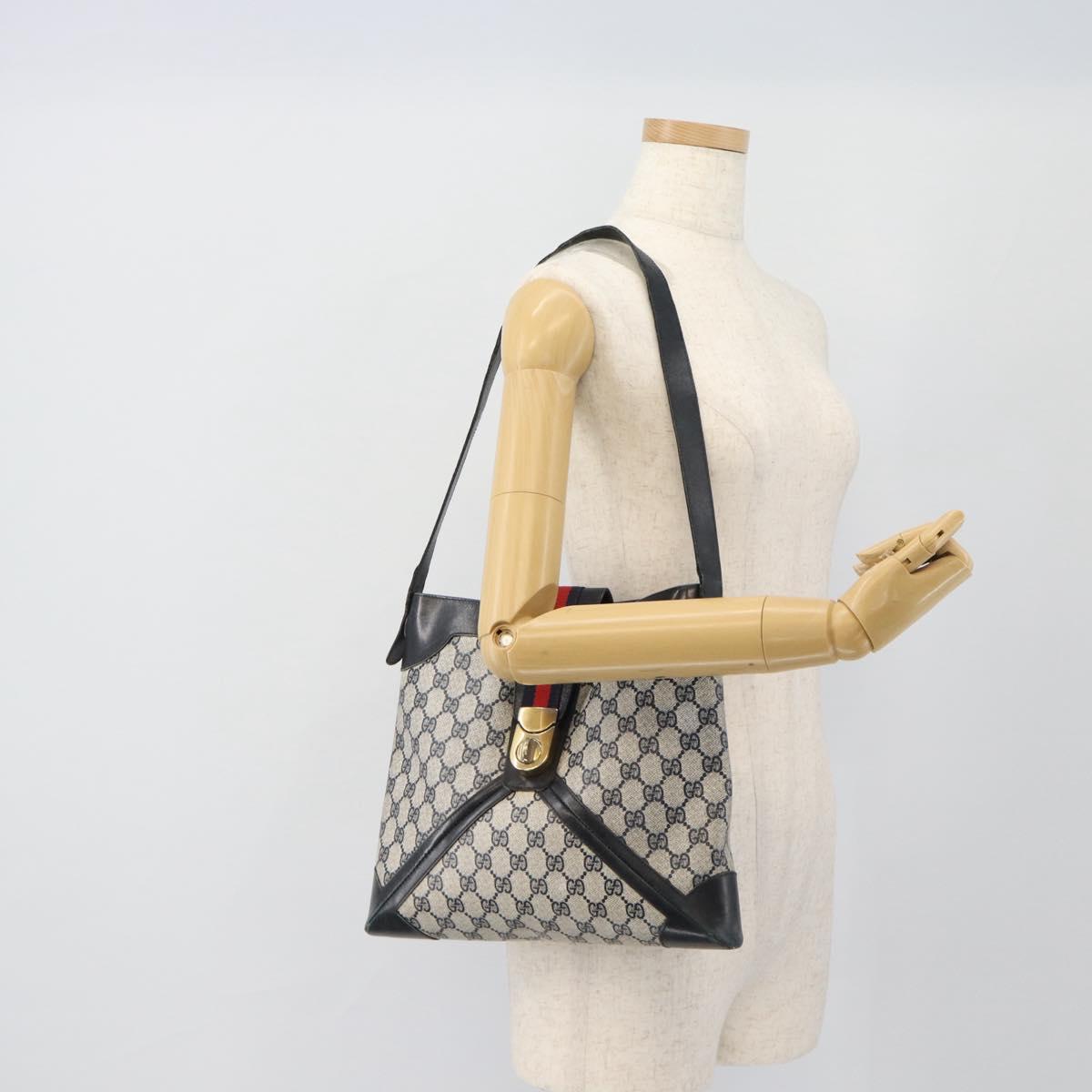 GUCCI GG Supreme Sherry Line Shoulder Bag PVC Navy Gold Auth ka4505