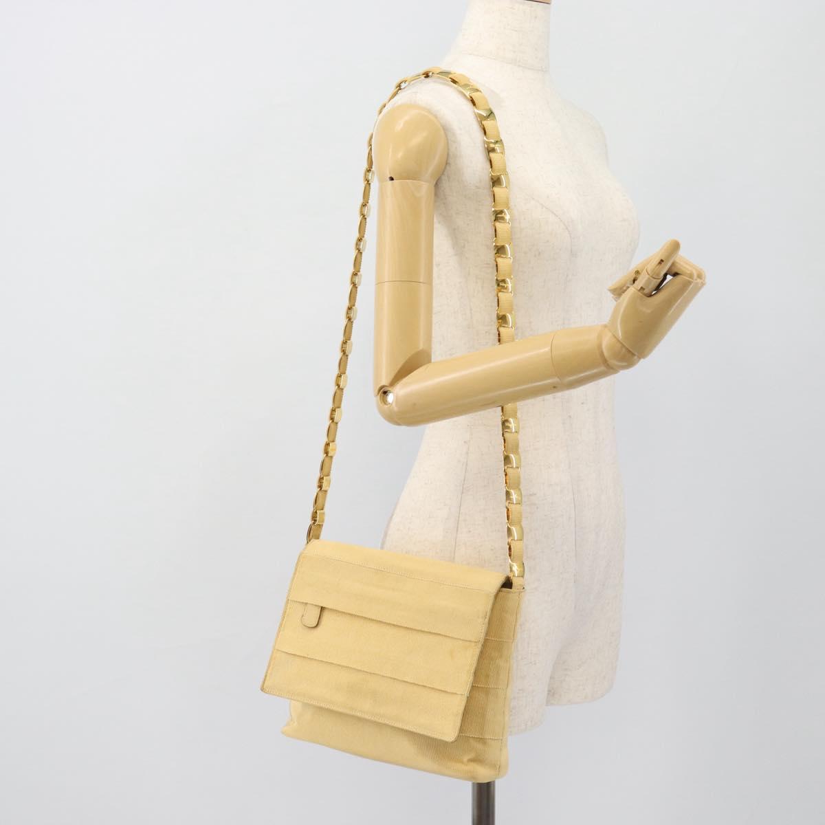 Salvatore Ferragamo Chain Shoulder Bag Canvas Leather Beige Gold Auth ka4517A