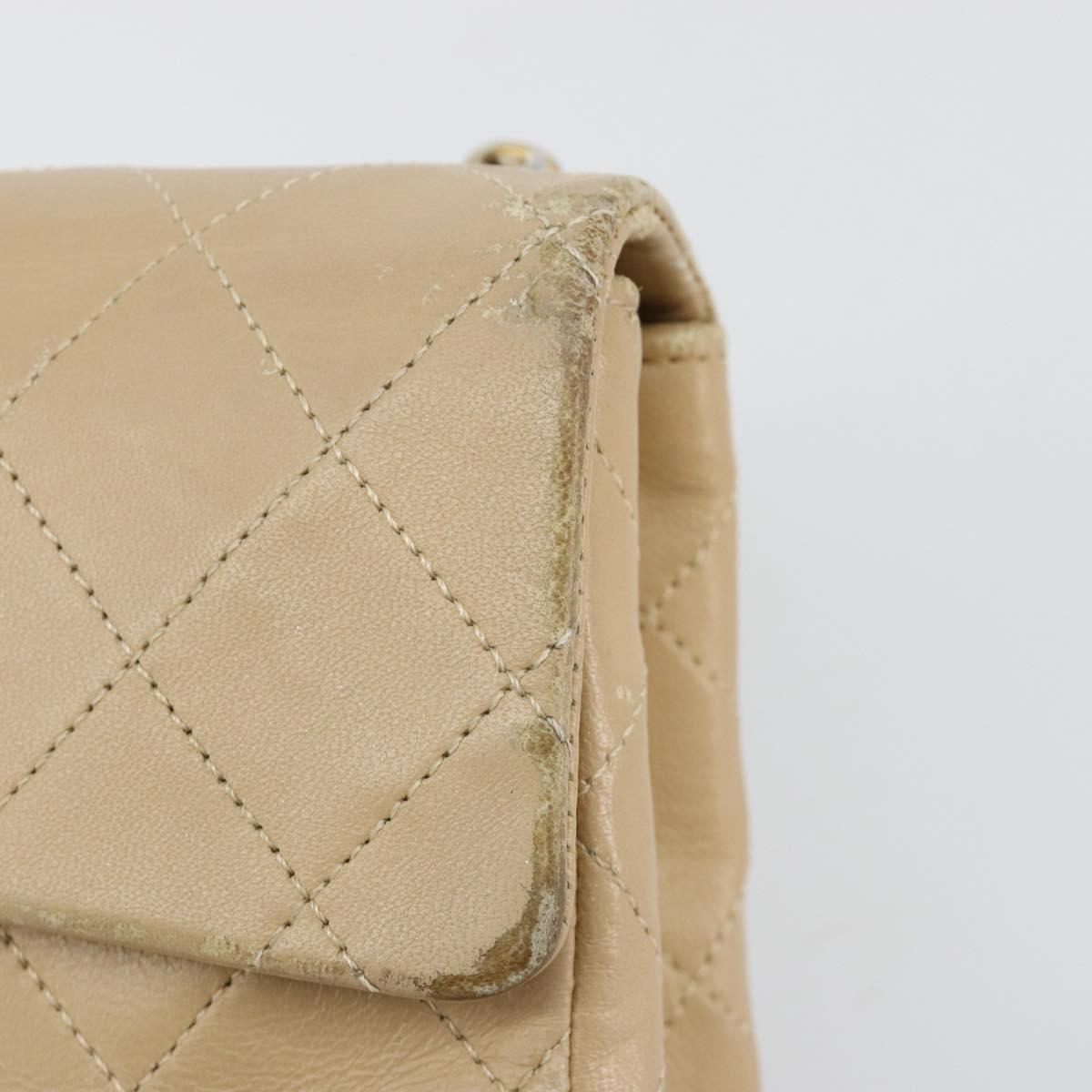 CHANEL Mini Matelasse Chain Shoulder Bag Lamb Skin Beige Gold CC Auth ka4523A