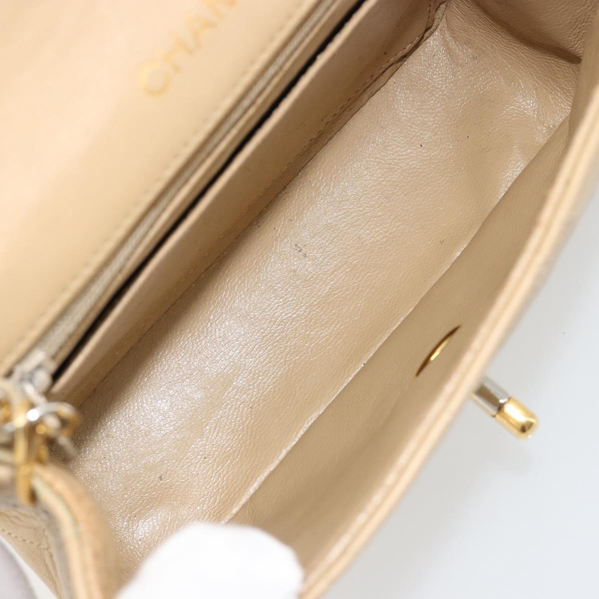 CHANEL Mini Matelasse Chain Shoulder Bag Lamb Skin Beige Gold CC Auth ka4523A