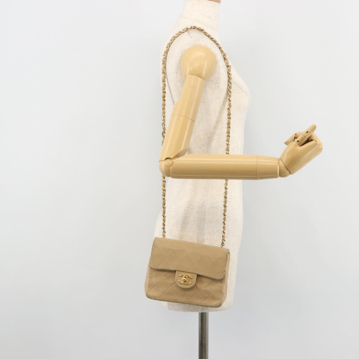 CHANEL Mini Matelasse Chain Shoulder Bag Lamb Skin Beige Gold CC Auth ka4523A