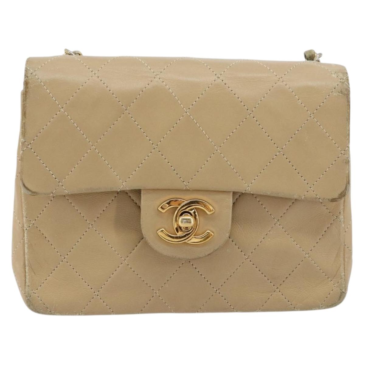 CHANEL Mini Matelasse Chain Shoulder Bag Lamb Skin Beige Gold CC Auth ka4523A