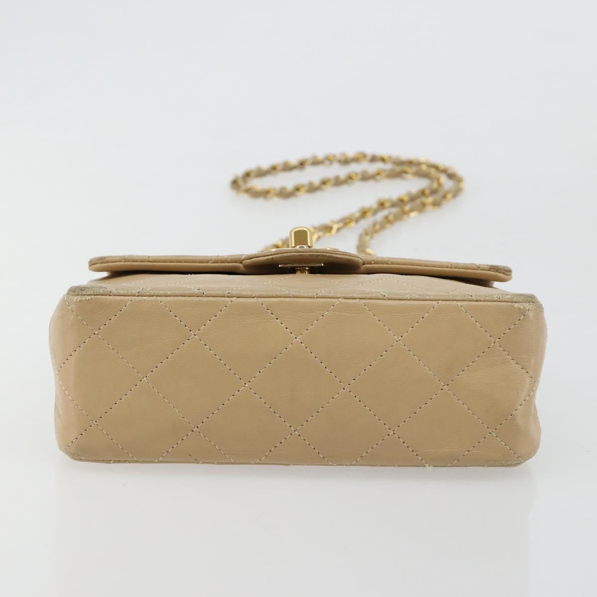 CHANEL Mini Matelasse Chain Shoulder Bag Lamb Skin Beige Gold CC Auth ka4523A