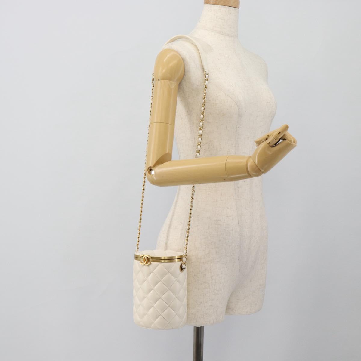 CHANEL Chain Shoulder Bag Lamb Skin White Gold CC Auth ka4545M
