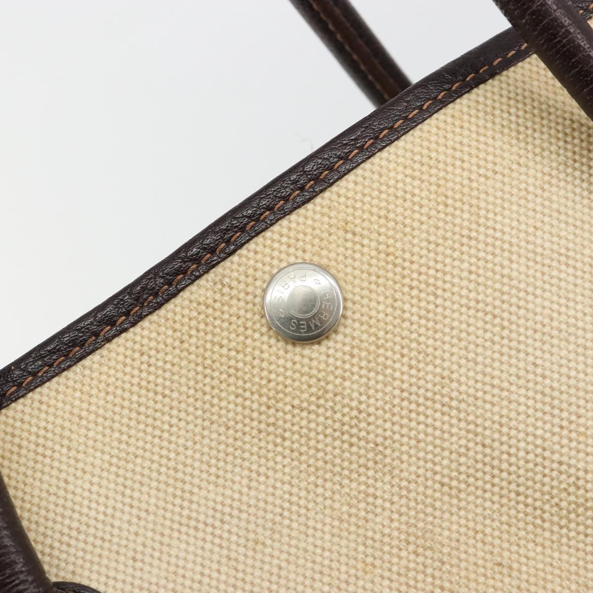 HERMES Garden Party PM Hand Bag Canvas Toile Officier Brown Silver Auth ka4555