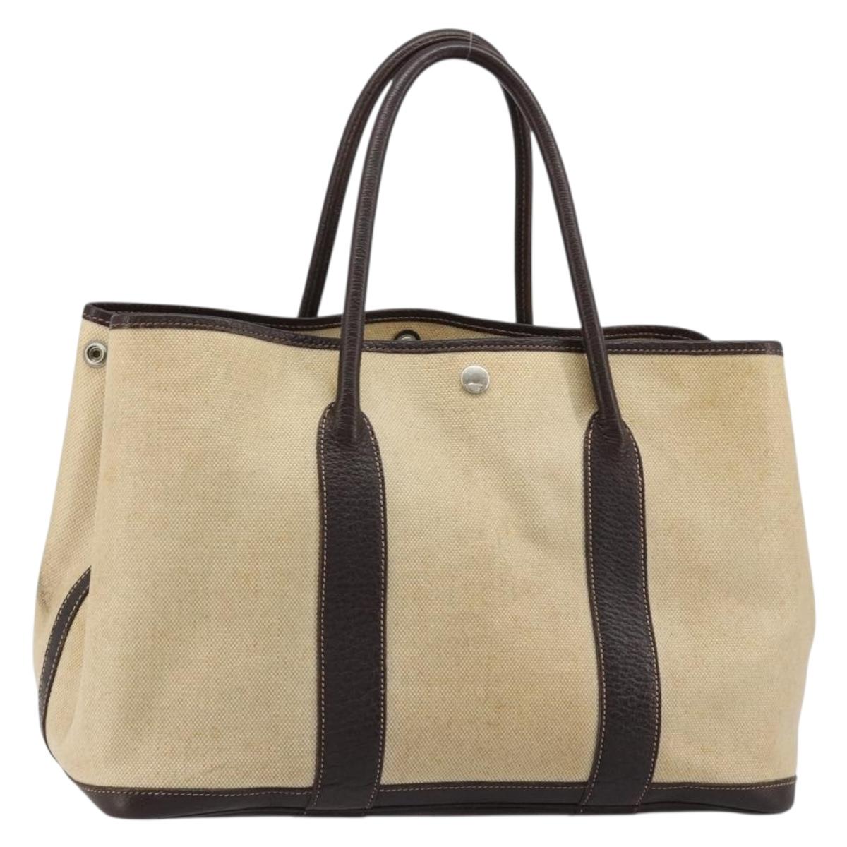 HERMES Garden Party PM Hand Bag Canvas Toile Officier Brown Silver Auth ka4555