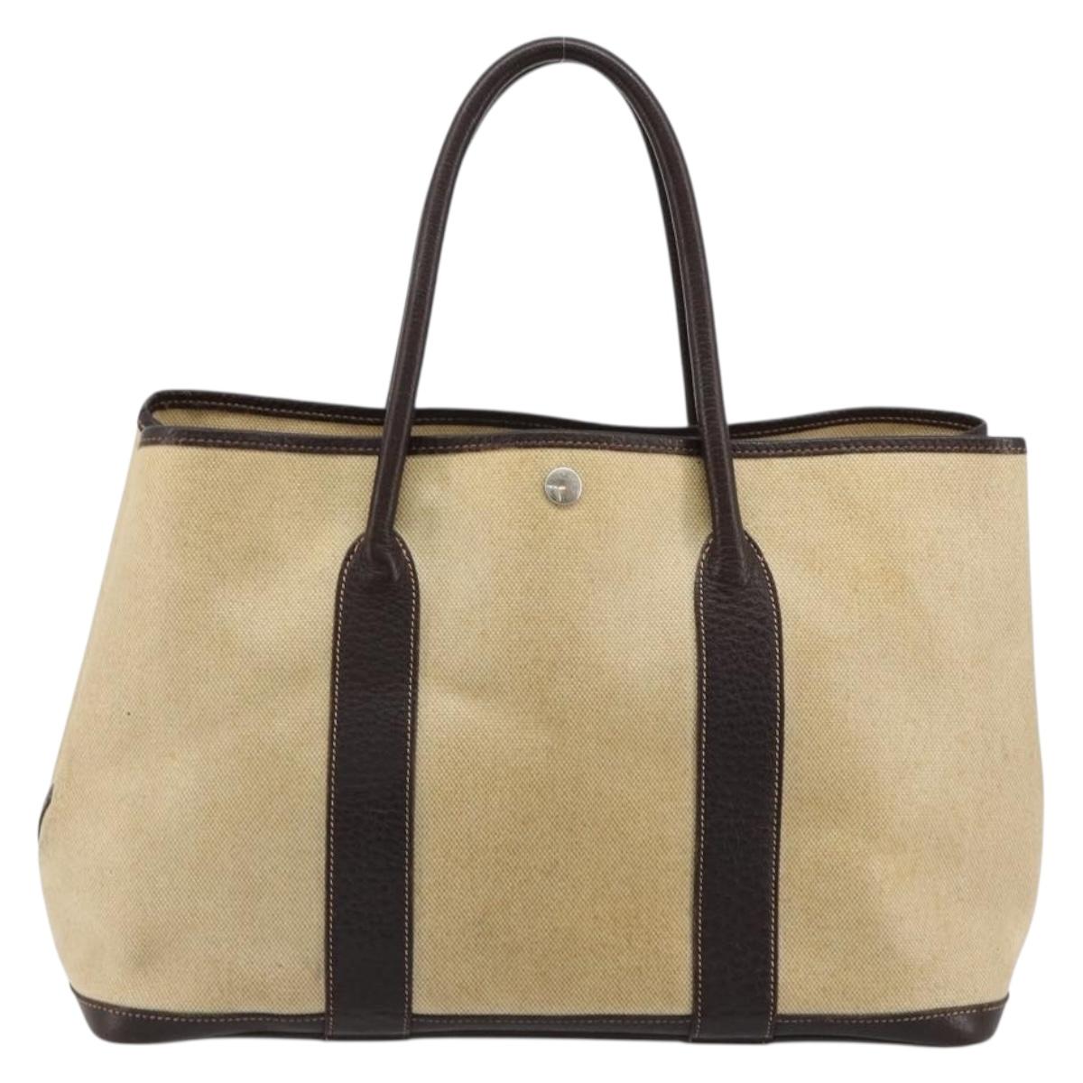 HERMES Garden Party PM Hand Bag Canvas Toile Officier Brown Silver Auth ka4555