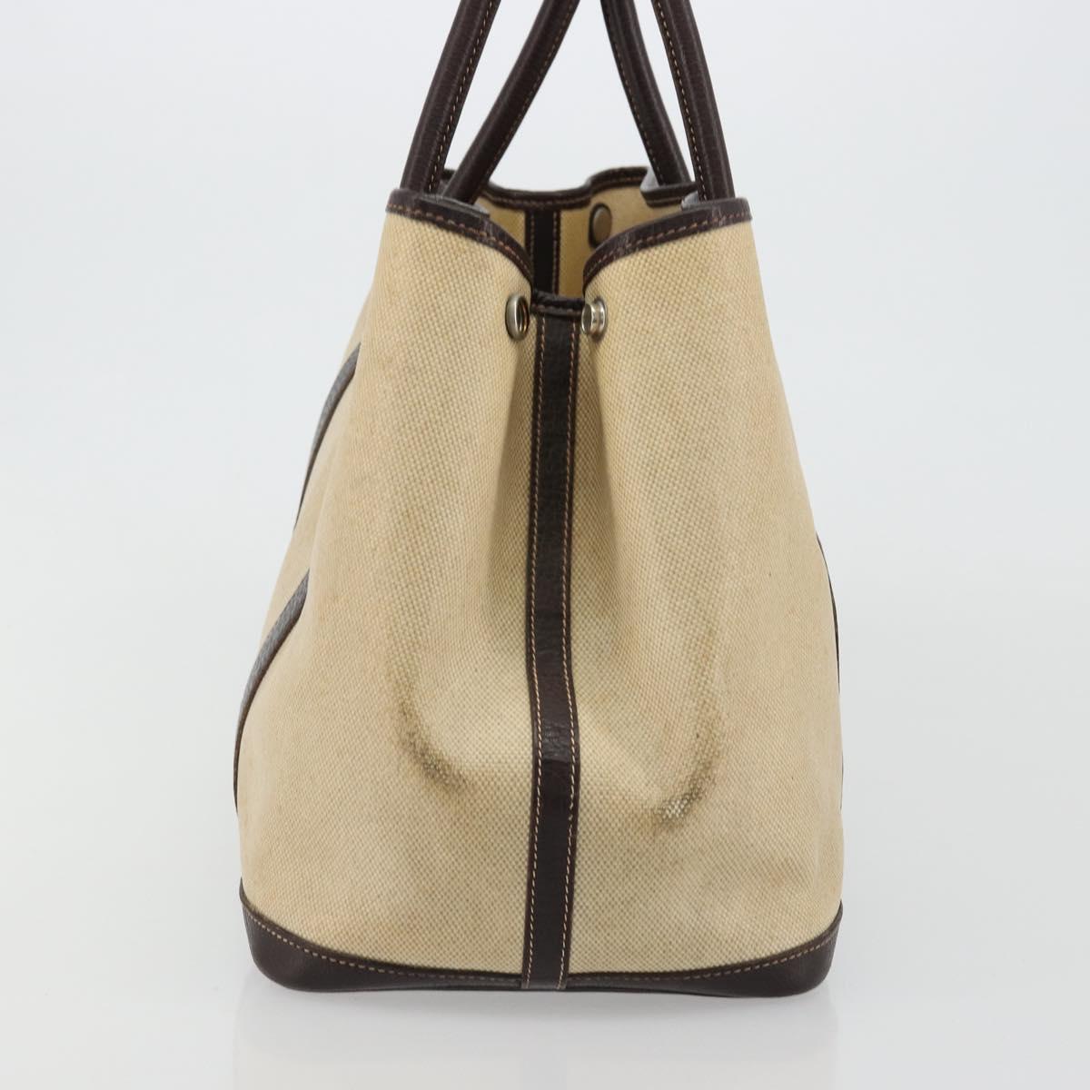 HERMES Garden Party PM Hand Bag Canvas Toile Officier Brown Silver Auth ka4555