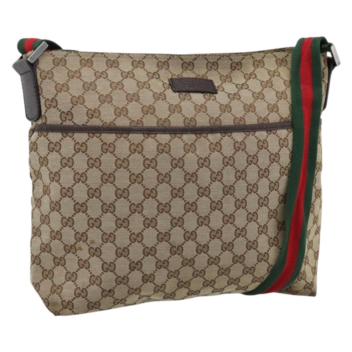 GUCCI GG Canvas Web Sherry Line Shoulder Bag Beige Silver 189751 Auth ka4563