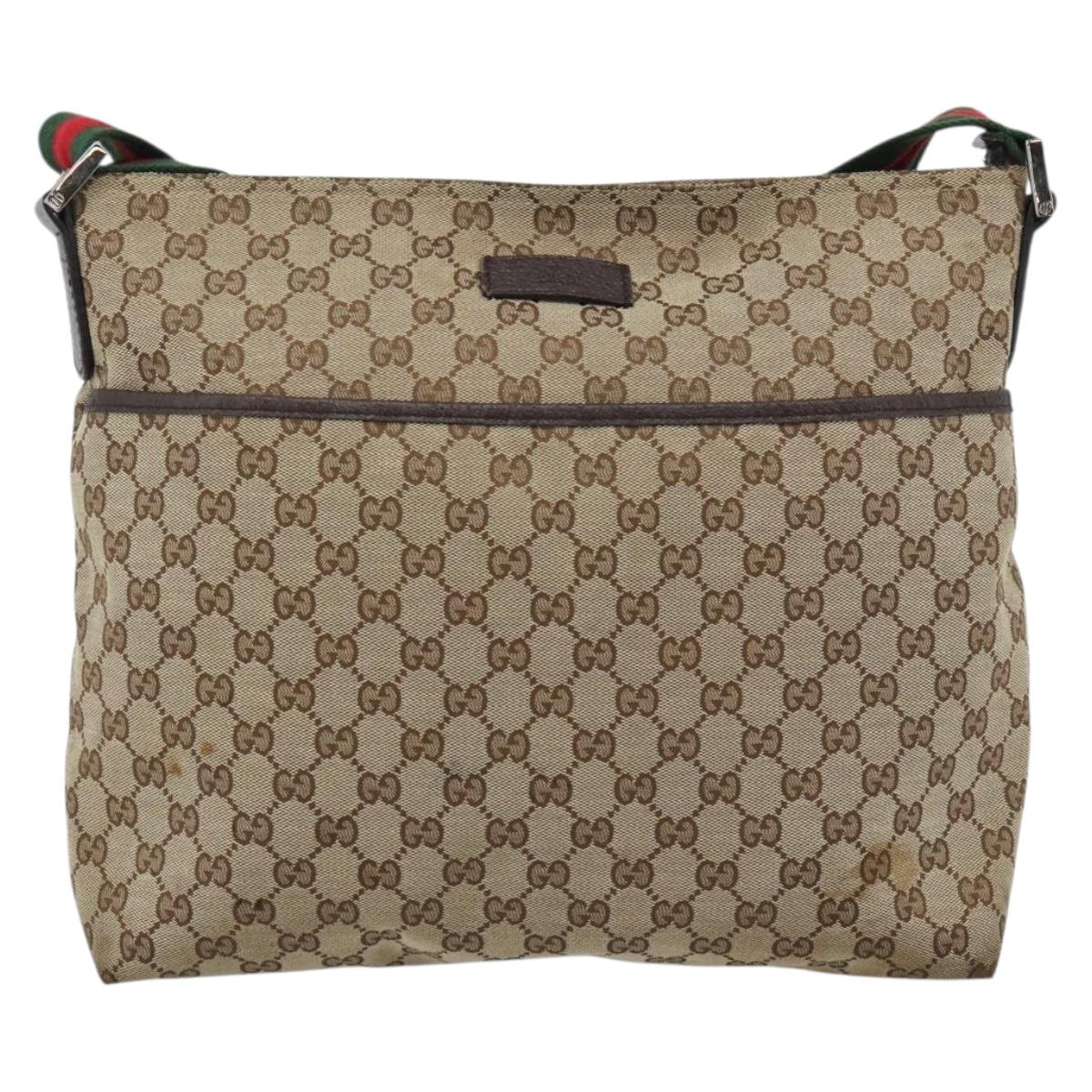 GUCCI GG Canvas Web Sherry Line Shoulder Bag Beige Silver 189751 Auth ka4563