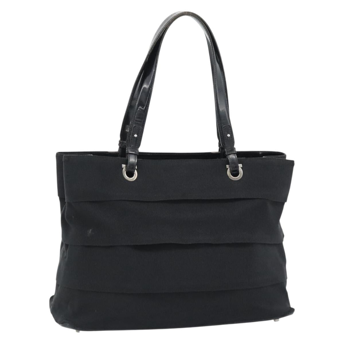 Salvatore Ferragamo Vala Hand Bag Canvas Black Silver Auth ka4576