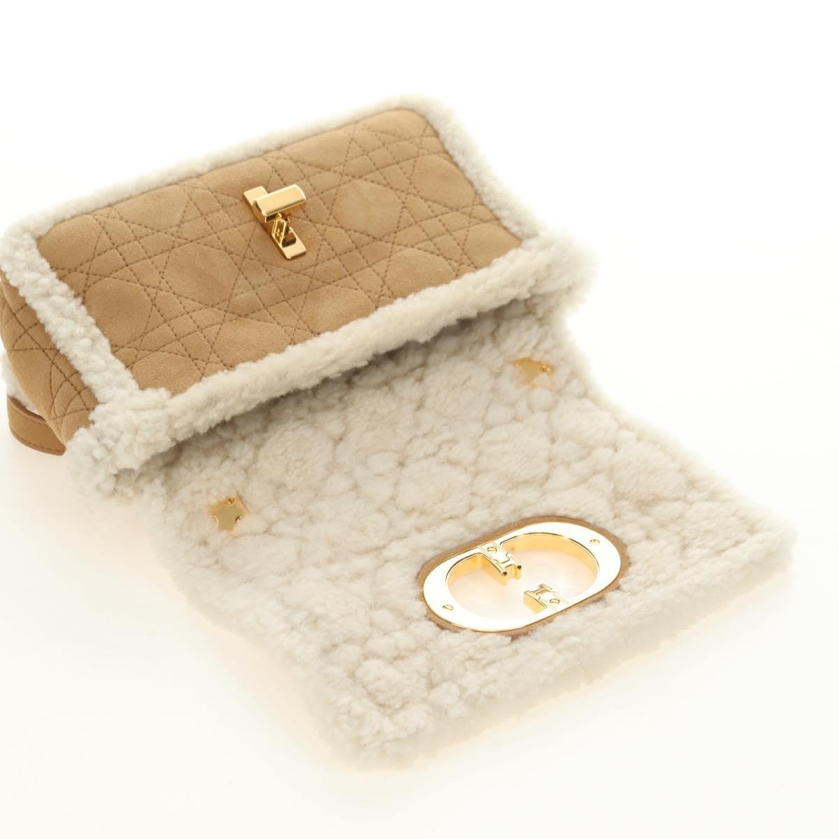 Christian Dior Caro Chain Shoulder Bag Mouton Beige Gold Auth ka4579SM