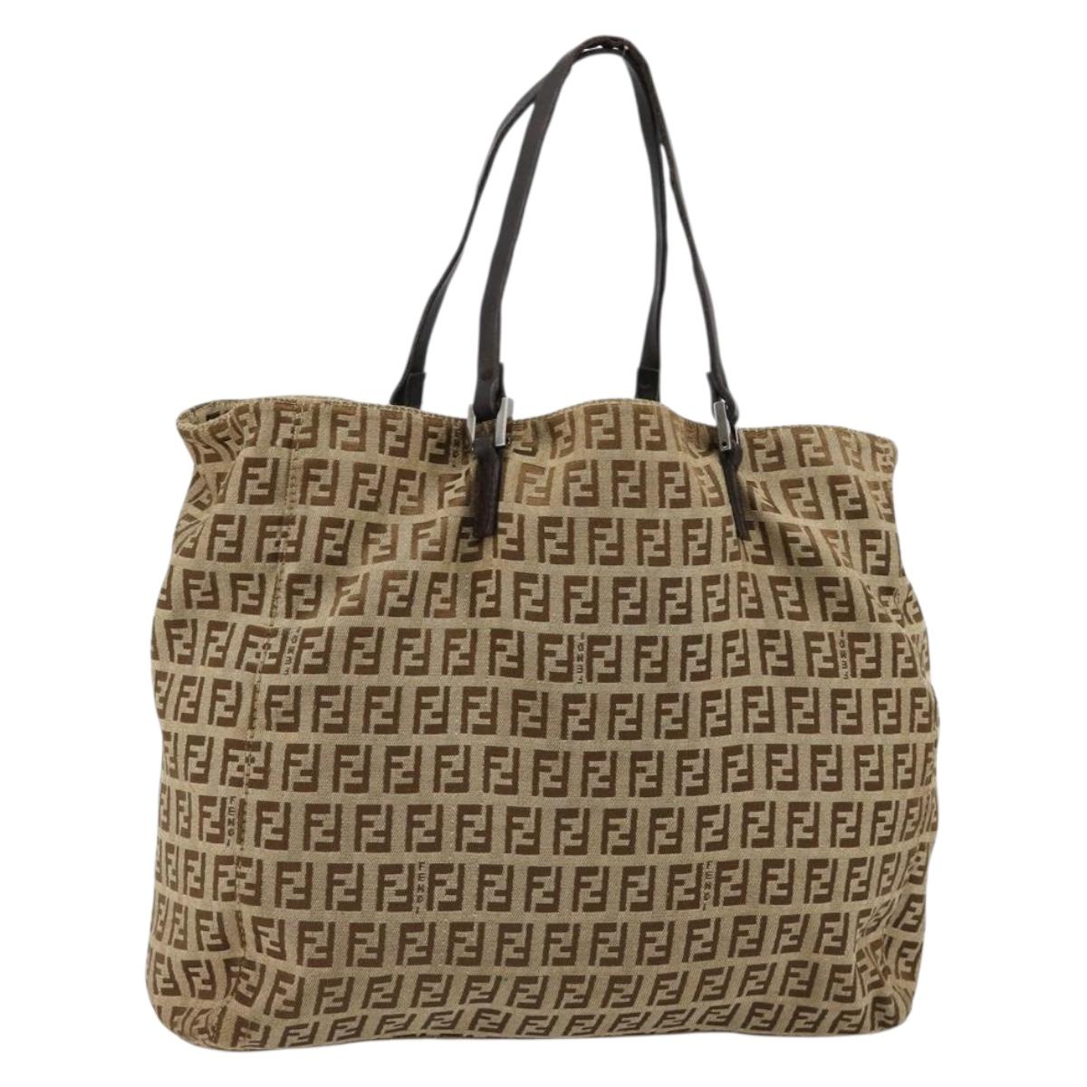 FENDI Zucchino Canvas Hand Bag Beige Silver Auth ka4608