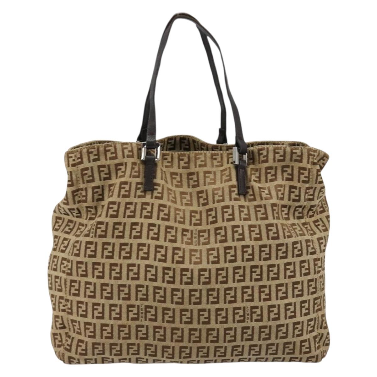FENDI Zucchino Canvas Hand Bag Beige Silver Auth ka4608