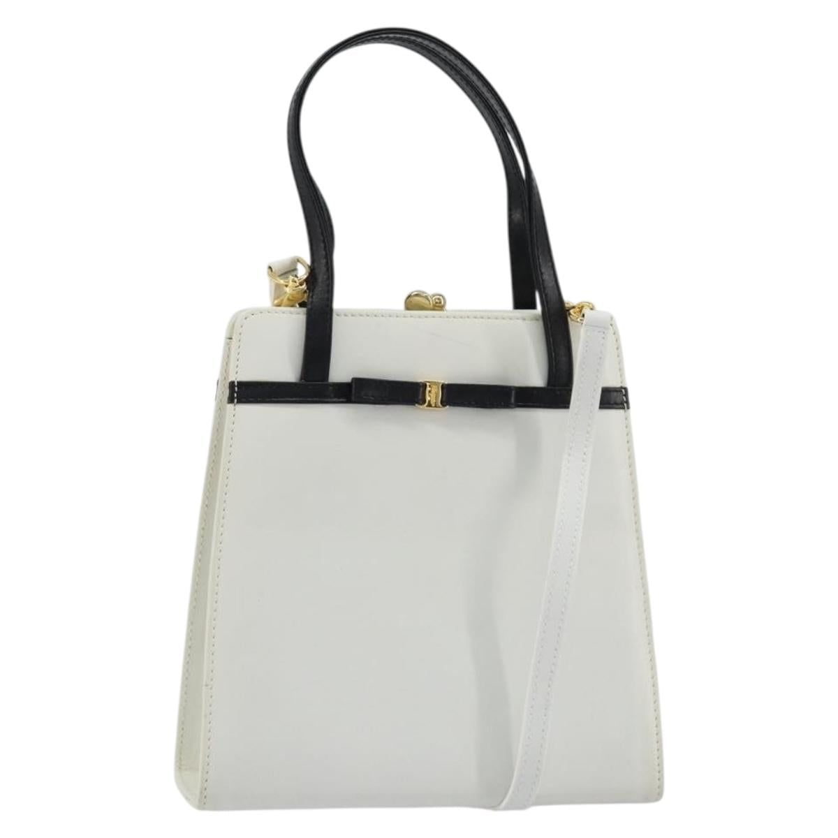 Salvatore Ferragamo Vala Hand Bag Leather 2way White Gold Auth ka4614A