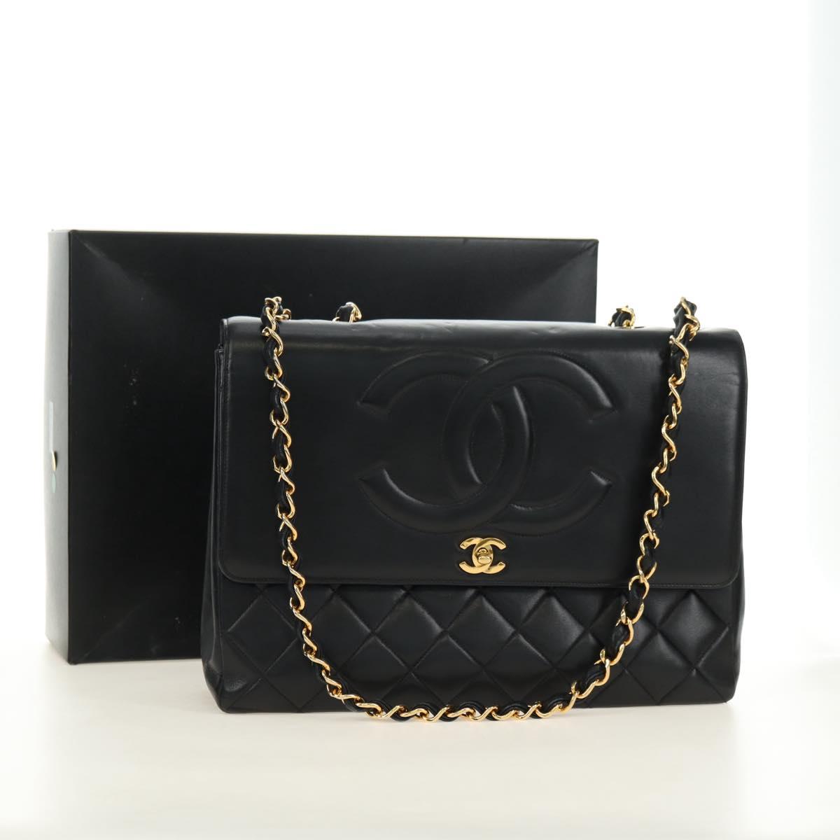 CHANEL Chain Shoulder Bag Lamb Skin Black Gold CC Auth ka4618SAV
